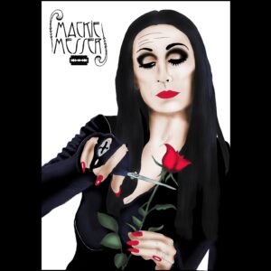 Ilustración de Morticia Addams cortando una rosa